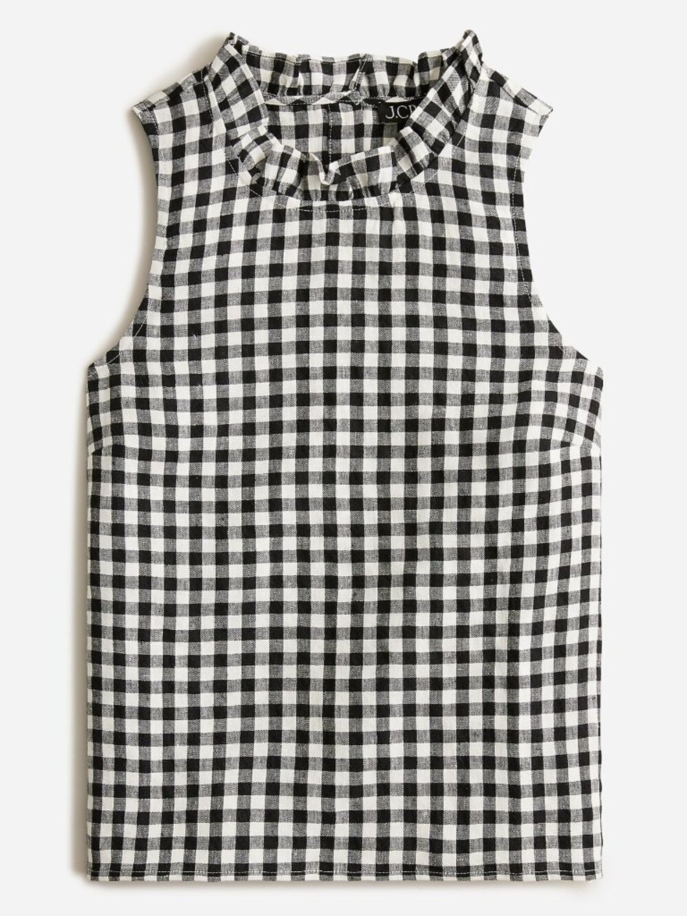 J Crew 100% linen Fleur top in gingham check black white ruffled sleeveless top